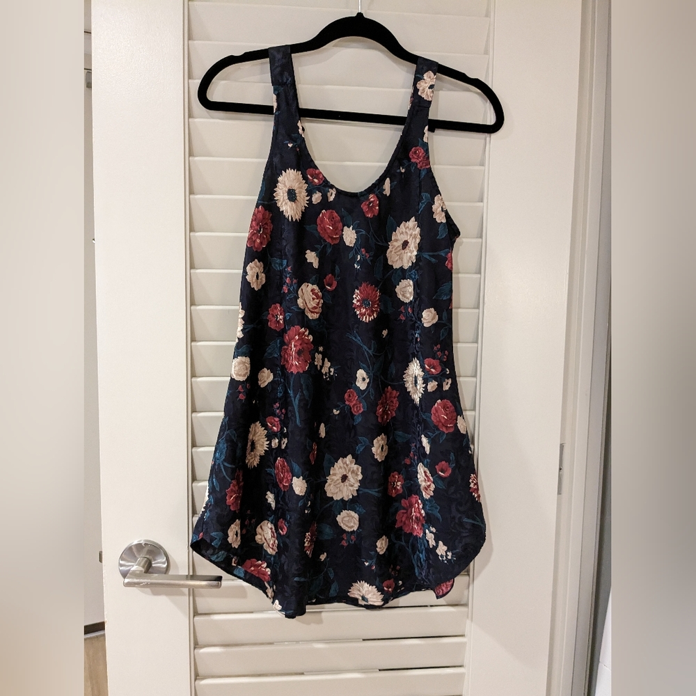 Vintage Silky Lingerie Cacique Slip Dress with Bows (Navy Floral, Size: Small)
